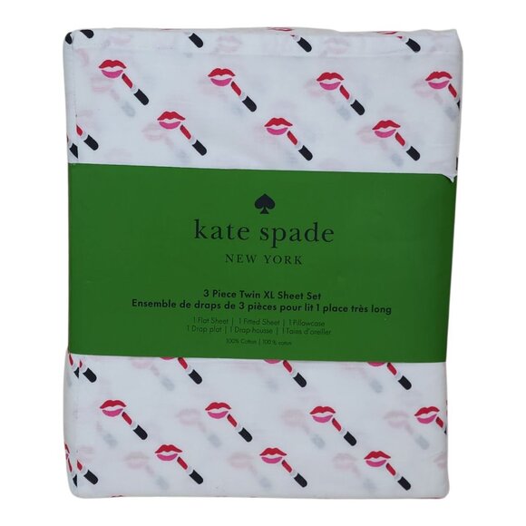 Kate Spade New York Twin XL 3-Piece Sheet Set Lipstick Kiss Print Black Red Pint - Picture 1 of 9